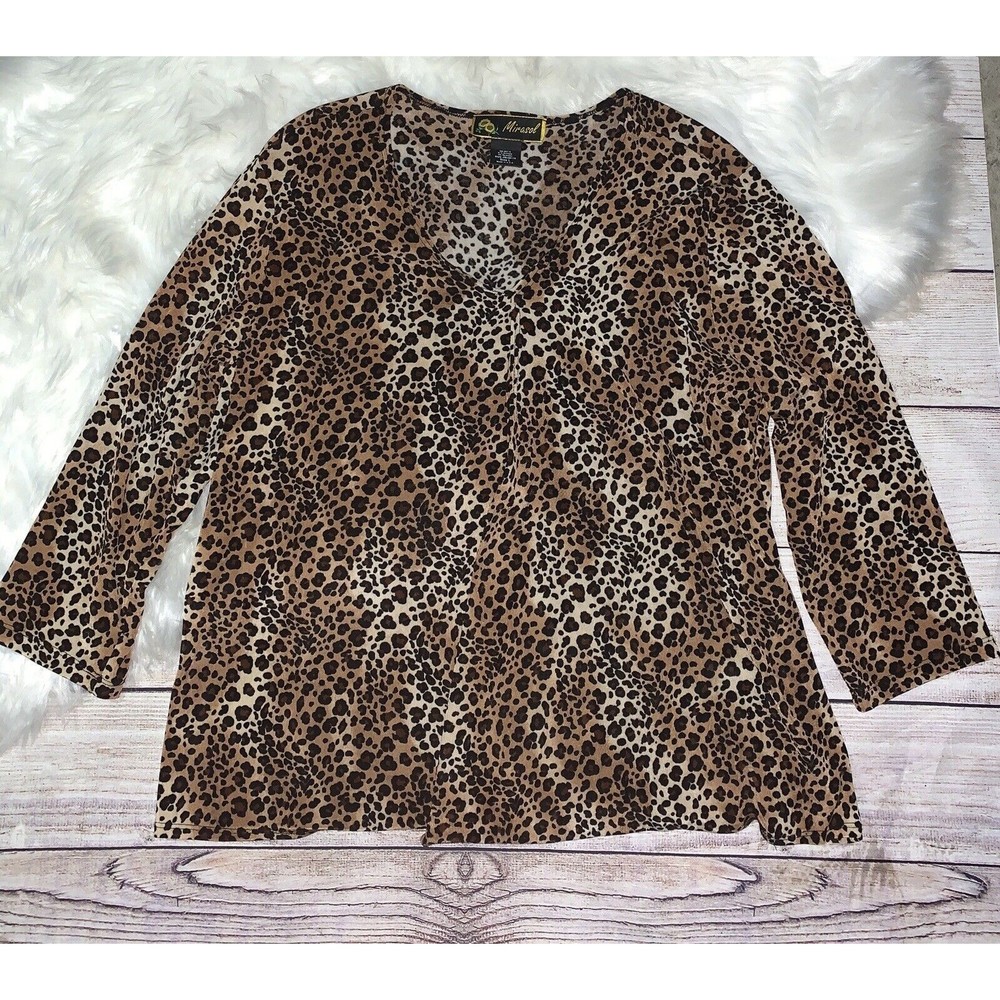 Marisol Size Large Leopard Print Acetate Slinky Travel Knit 3/4 Sleeve Top